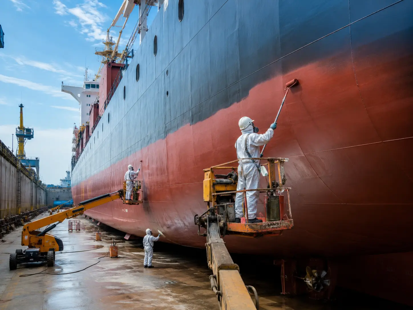Anti-corrosion coating applied to ship hull in dry dock