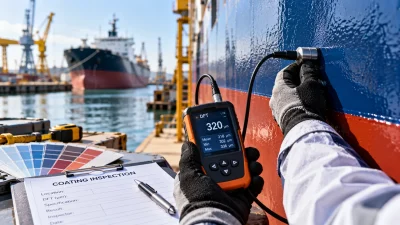 Marine coating DFT inspection on a ship hull during coating work