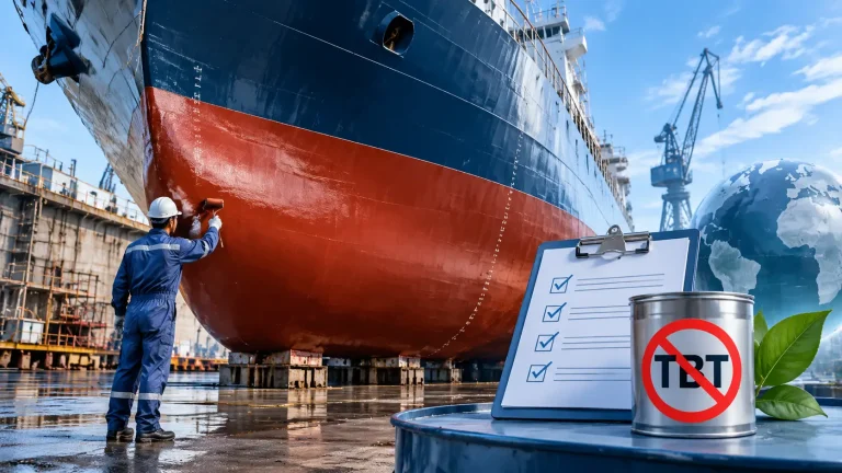 Ship propellers in dry dock for IMO AFS convention antifouling compliance