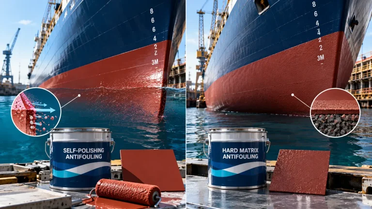 Ship hull and propeller in dry dock, where antifouling paint types are chosen and applied