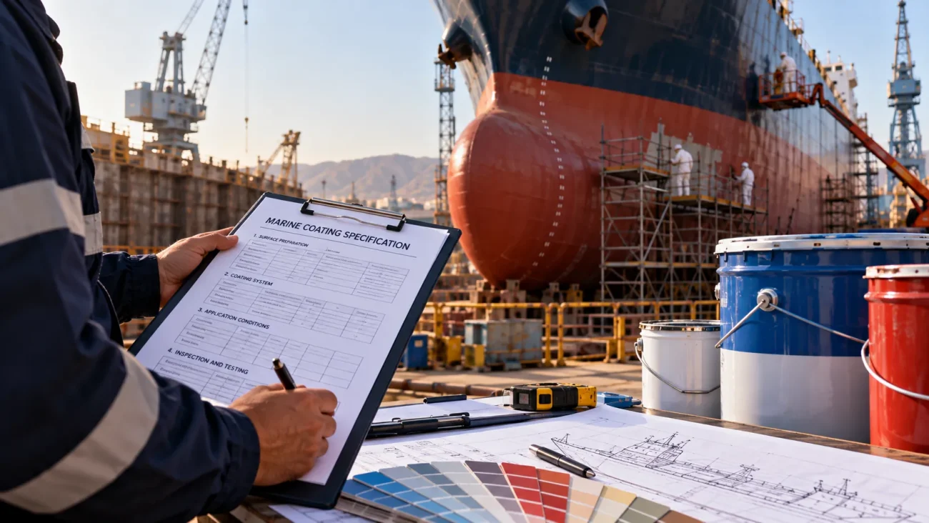 Ship in dry dock where the marine coating specification is applied