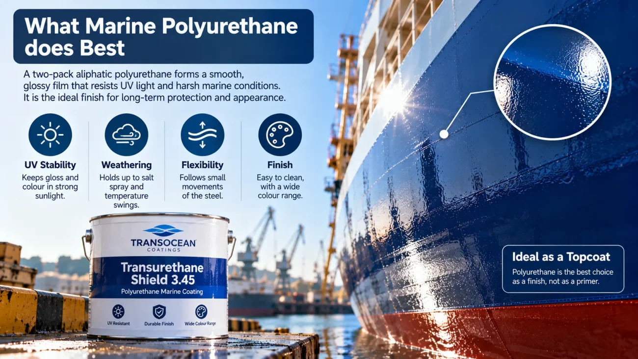 Marine epoxy vs polyurethane: crew rolling a polyurethane topcoat onto a steel ship surface