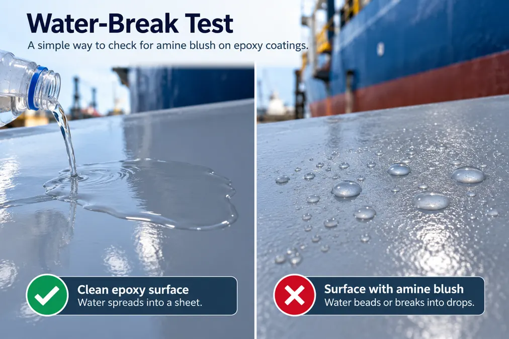 Water beading on a smooth surface during an amine blush epoxy water-break test