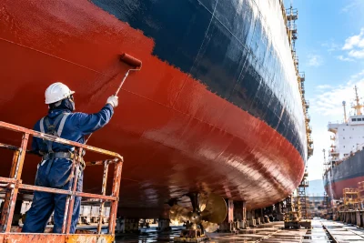 Ship in dry dock before antifouling paint application on the hull