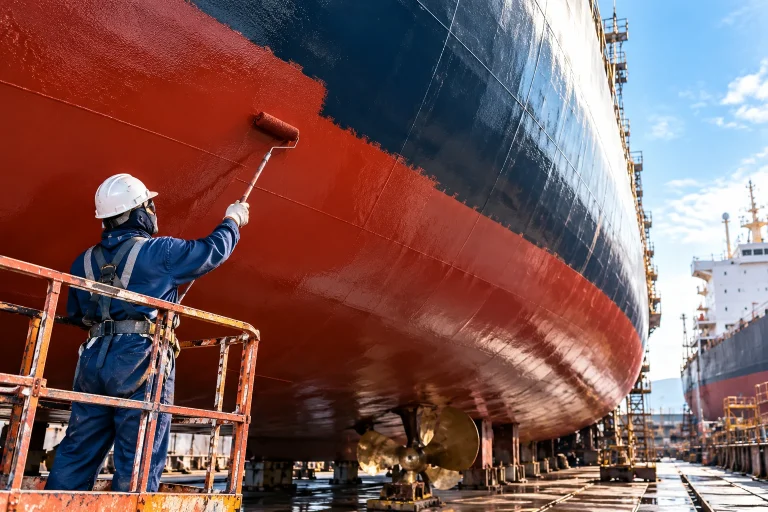 Ship in dry dock before antifouling paint application on the hull