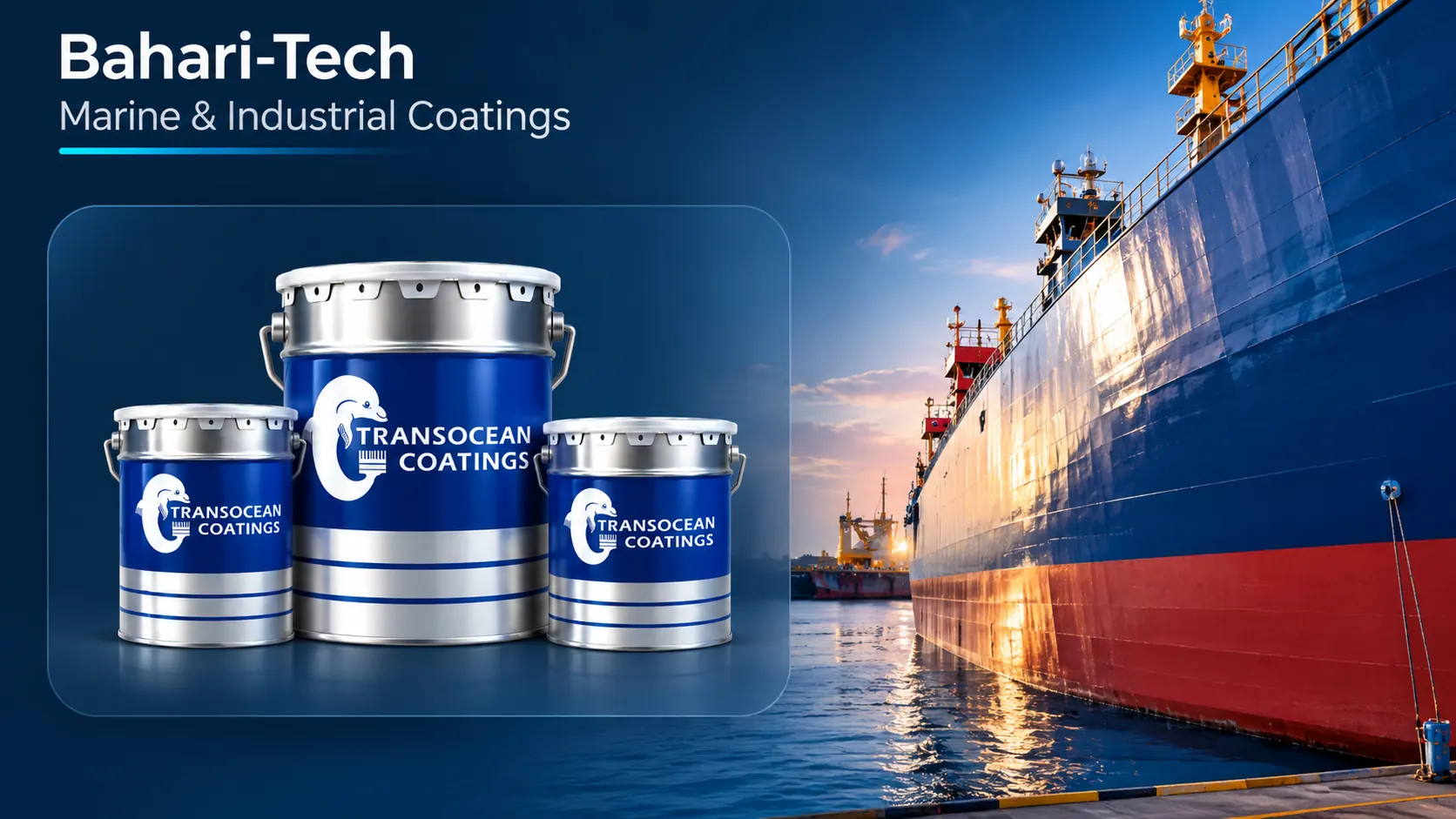 TransOcean marine coating paint cans beside a cargo ship at a shipyard