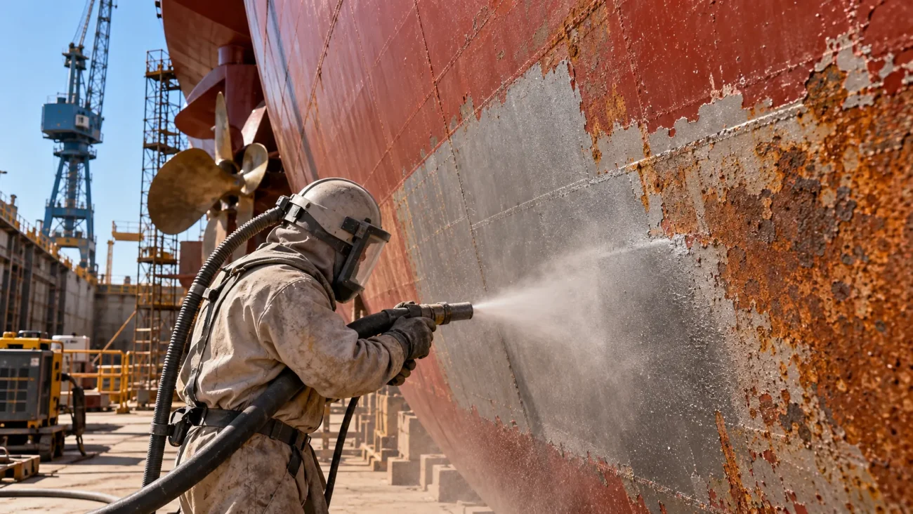 Sailor spray applying paint, showing wet film control in a paint specification