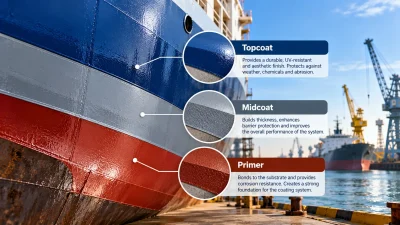 Marine coating system being rolled onto a ship hull from a work platform