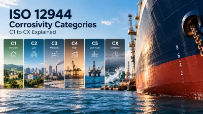 Offshore oil platform steel structure illustrating ISO 12944 corrosivity categories for marine exposure
