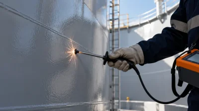 Technician grinding a steel weld smooth before holiday testing coatings on a tank lining