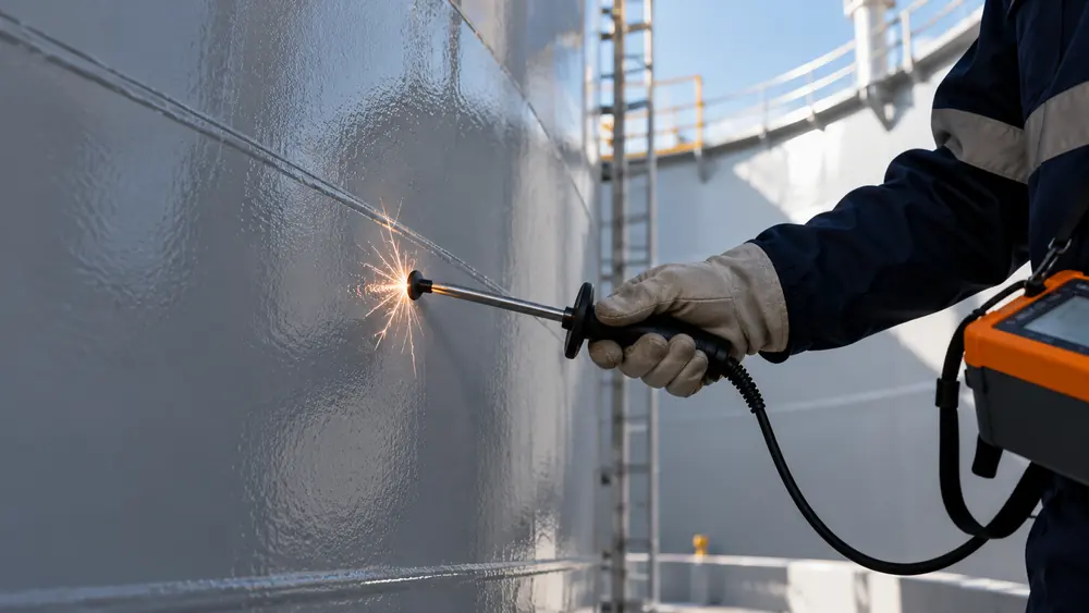 Technician grinding a steel weld smooth before holiday testing coatings on a tank lining
