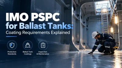 Oil tanker moving out of a shipyard, where IMO PSPC ballast tanks coating rules apply to new ships