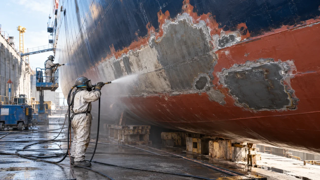 Worker hydroblasting a ship hull and propeller area in dry dock