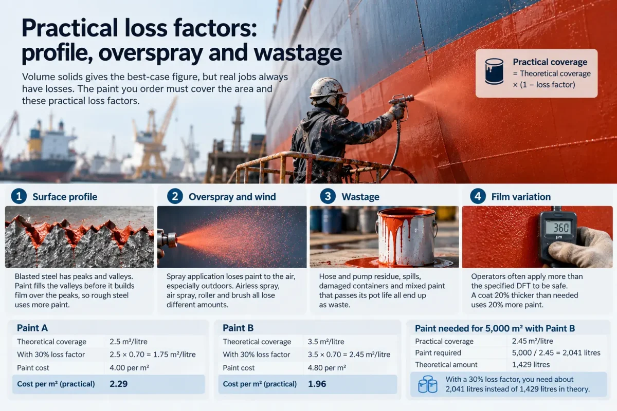 Practical marine paint loss factors including surface profile, overspray, wastage and film thickness variation, showing their impact on paint coverage and consumption.