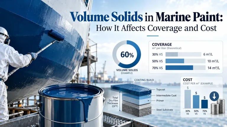 Marine paint application on a ship hull showing how volume solids affect paint coverage, dry film thickness, and coating cost.