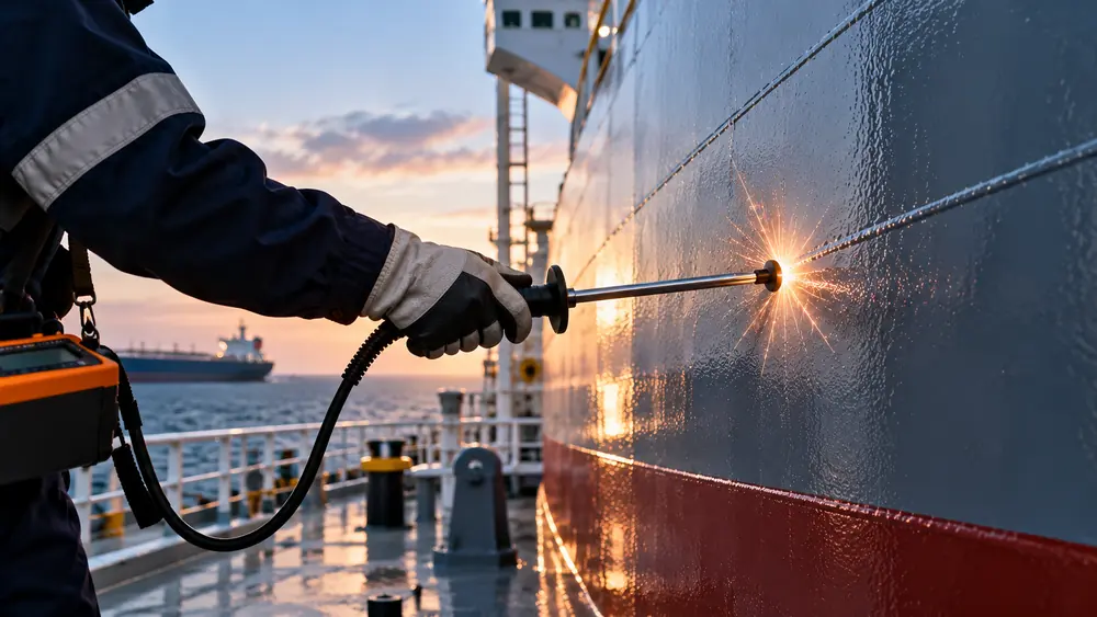 Grinding sharp weld edges on steel, a common source of thin spots found by a holiday detector