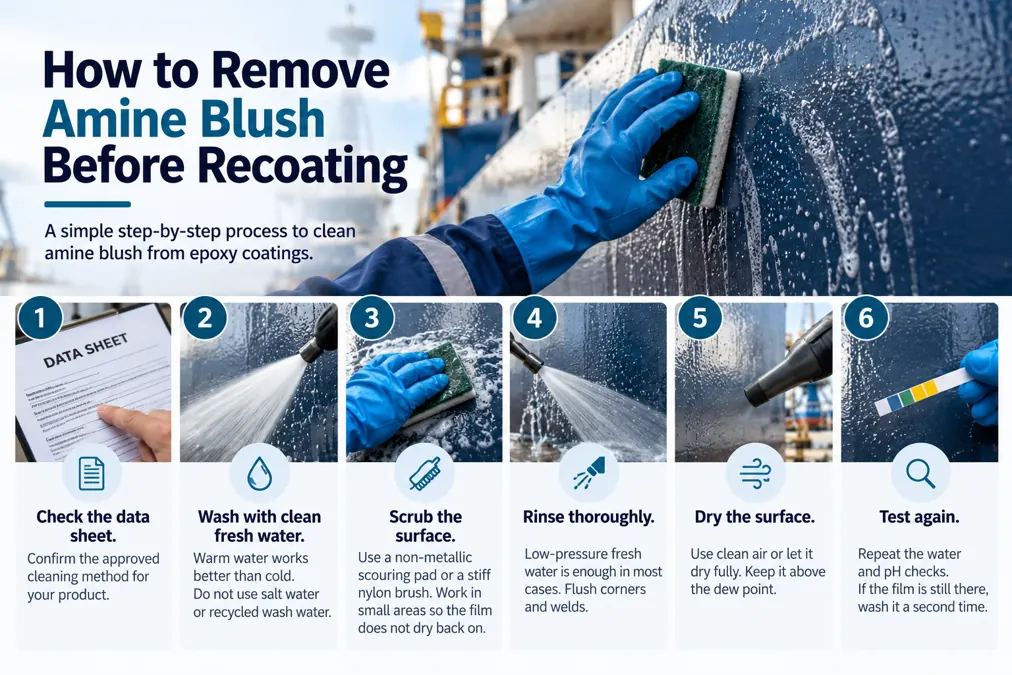 Washing a coated steel surface with fresh water to remove amine blush before recoating