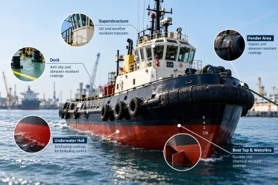 Tugboat paint system showing protective marine coatings for the underwater hull, waterline, deck, superstructure and fender areas.