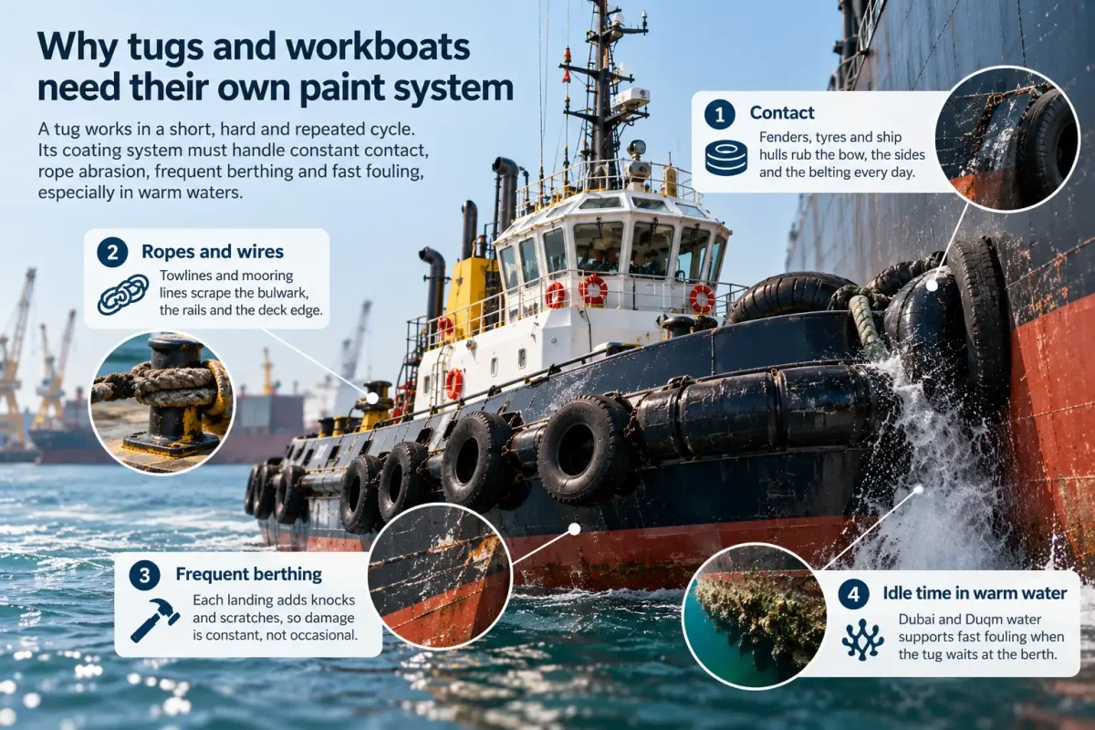 Tugboat paint system challenges showing fender contact, rope abrasion, frequent berthing damage and marine fouling in warm harbour waters.