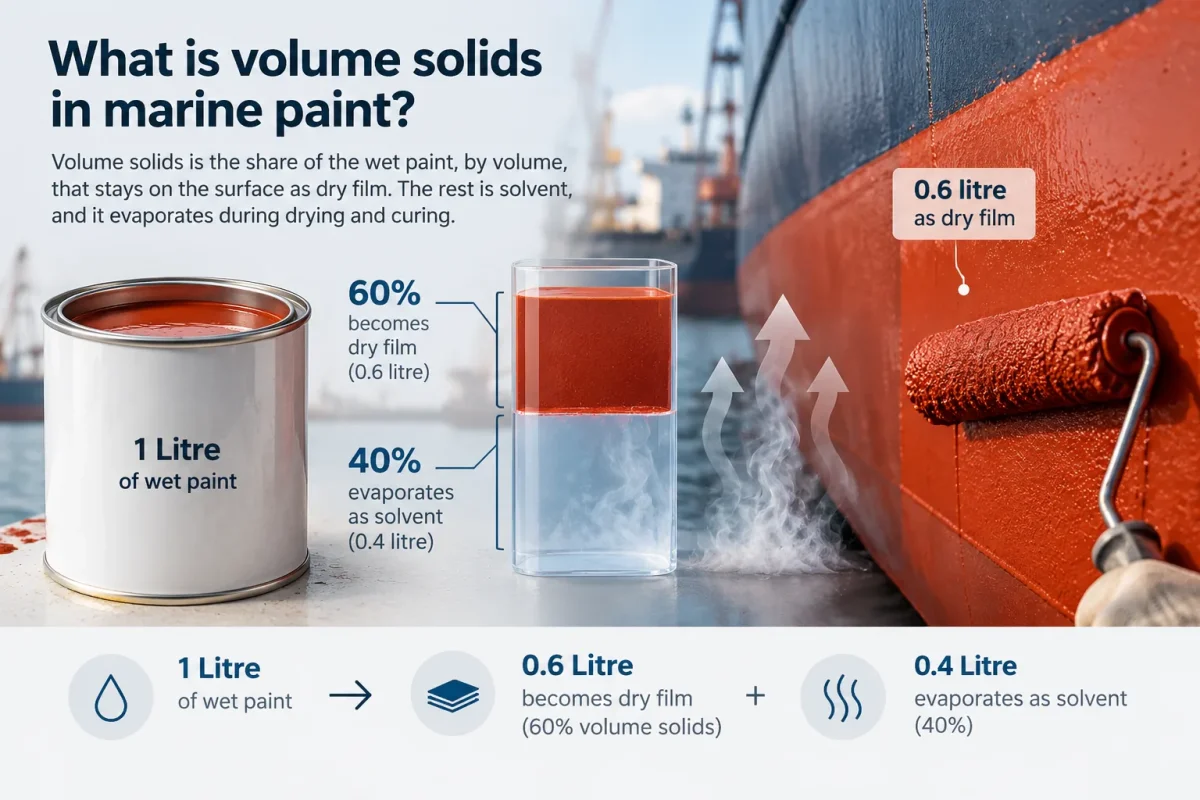 Volume solids in marine paint infographic showing how 60% of wet paint forms a dry coating while 40% evaporates as solvent.