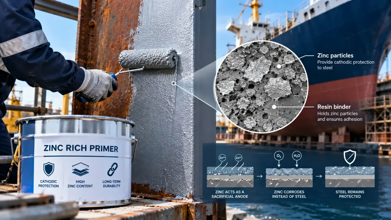 Zinc rich primer protection for tanker steel hull and marine structures